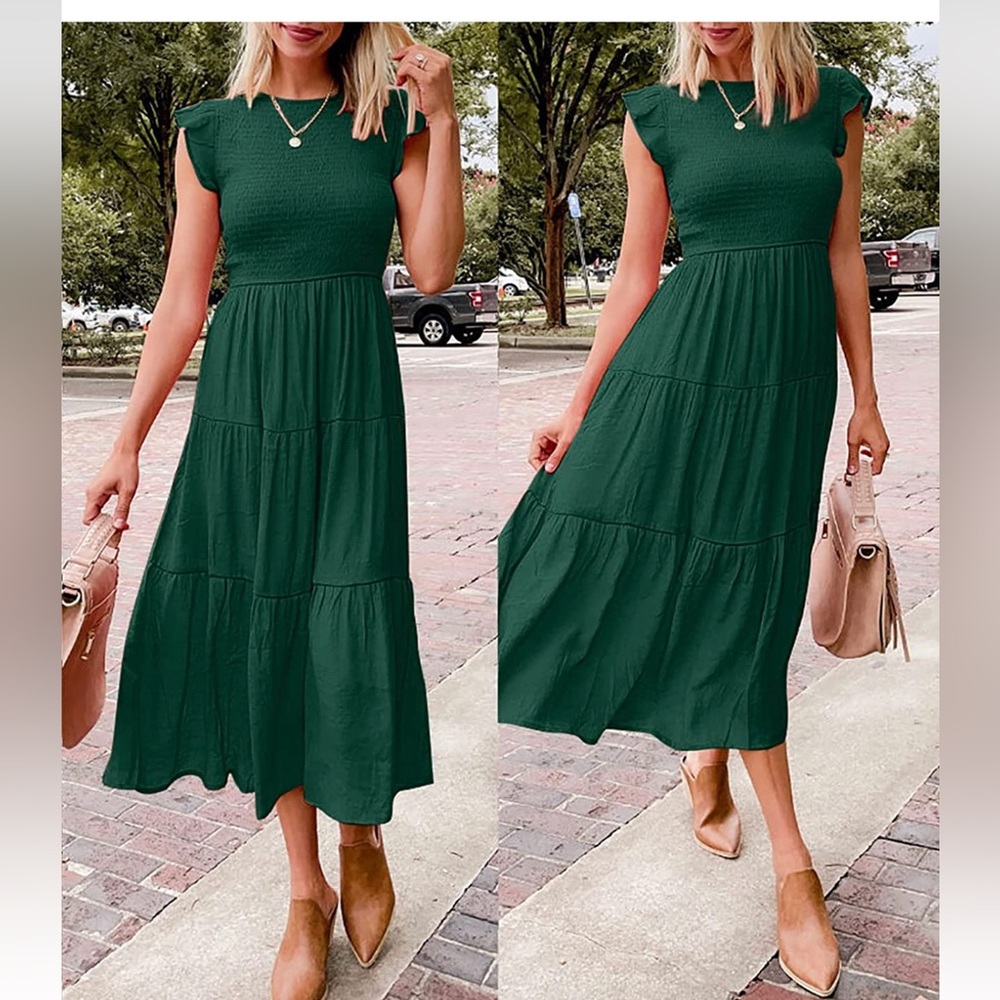 NWTCasual Flutter Short Sleeve Crew Neck Smocked Elastic Waist Tiered Midi Dress